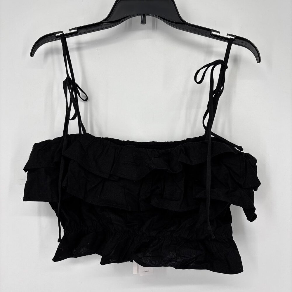 Aqua Women's Linen-Blend Tie Straps Ruffle Cropped Tank Top Black Size M NWT - Picture 2 of 7